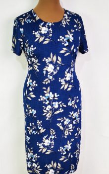 Kék alapon fehér-barna színű mintás, selymes anyagú ruha L-5XL