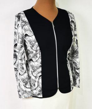 Csínos nyakú, hosszú ujjú, fekete-fehér színű, pamutos anyagú alkalmi blézer 46-52