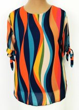   Kerek nyakú, rövid ujjú, dupla muszlin anyagú, színes mintás felső XL/2XL
