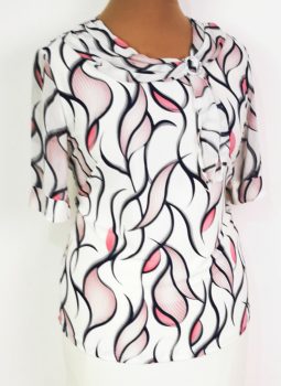 Kerek nyakú, rövid ujjú, nyaknál  díszített, selymes, rugalmas anyagú felső  46-52