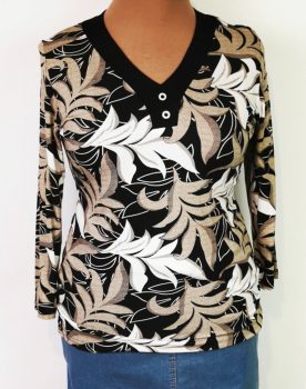 "V"  nyakú, 3/4-es ujjú, fehér-barna-fekete színű mintás, nyaknál díszített, pamutos anyagú felső L-4XL