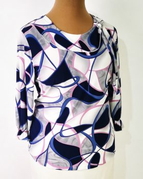 Kerek nyakú, 3/4-es ujjú, nyaknál  díszített, selymes, rugalmas anyagú felső  46-52