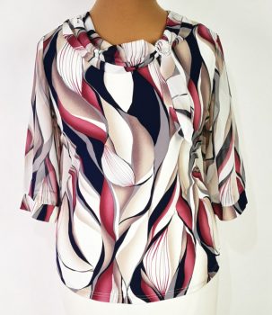 Kerek nyakú, 3/4-es ujjú, nyaknál  díszített, selymes, rugalmas anyagú felső  46-52