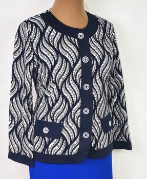 Fehér-sötétkék mintás, hosszú ujjú, alkalmi blézer 44-54