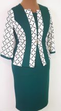   Csinos nyakú, 3/4-es ujjú, zöld-fehér színű mintával díszített, selymes anyagú ruha, ajándék brossal 44-50