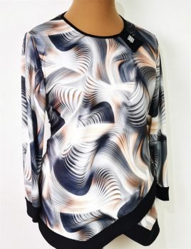 Kerek nyakú, 3/4-es ujjú, színes mintás, nyaknál díszített felső XL-4XL