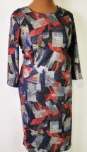   Kerek nyakú, 3/4-es ujjú, szürke-sötétkék-bordó mintás, pamutos anyagú ruha 46-52