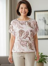   Fehér alapon, rózsaszín-barna színű mintás, alul gumis, selymes anyagú felső L-4XL