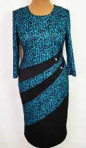   Türkizzöld-fekete színű,  betéttel díszített, rugalmas, pamutos anyagú, alkalmi ruha 44-52