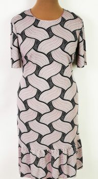 Rózsaszín-sötétkék színű mintával díszített, selymes anyagú ruha 42-54