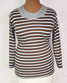 Kerek nyakú, hosszú ujjú, fehér-szürke-barna színű, csíkos mintás, gépi kötött, pamutos anyagú felső M-2XL