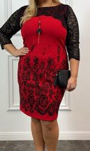   Kerek nyakú, 3/4-es csipke ujjú, hátul egyszínű fekete, cipzáras, elől piros alapszínen fekete mintával és csipkerátéttal díszített, selymes anyagú ruha 40-50