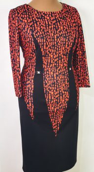 Piros színű betéttel díszített, rugalmas, pamutos anyagú, alkalmi ruha 44-52