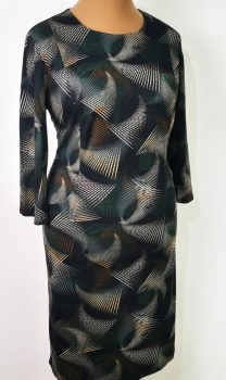 Bézs-zöld-fekete színű mintás, pamutos anyagú ruha 44-54