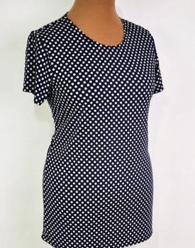 Sötétkék alapon, fehér pöttyös mintával díszített, felső 44-54